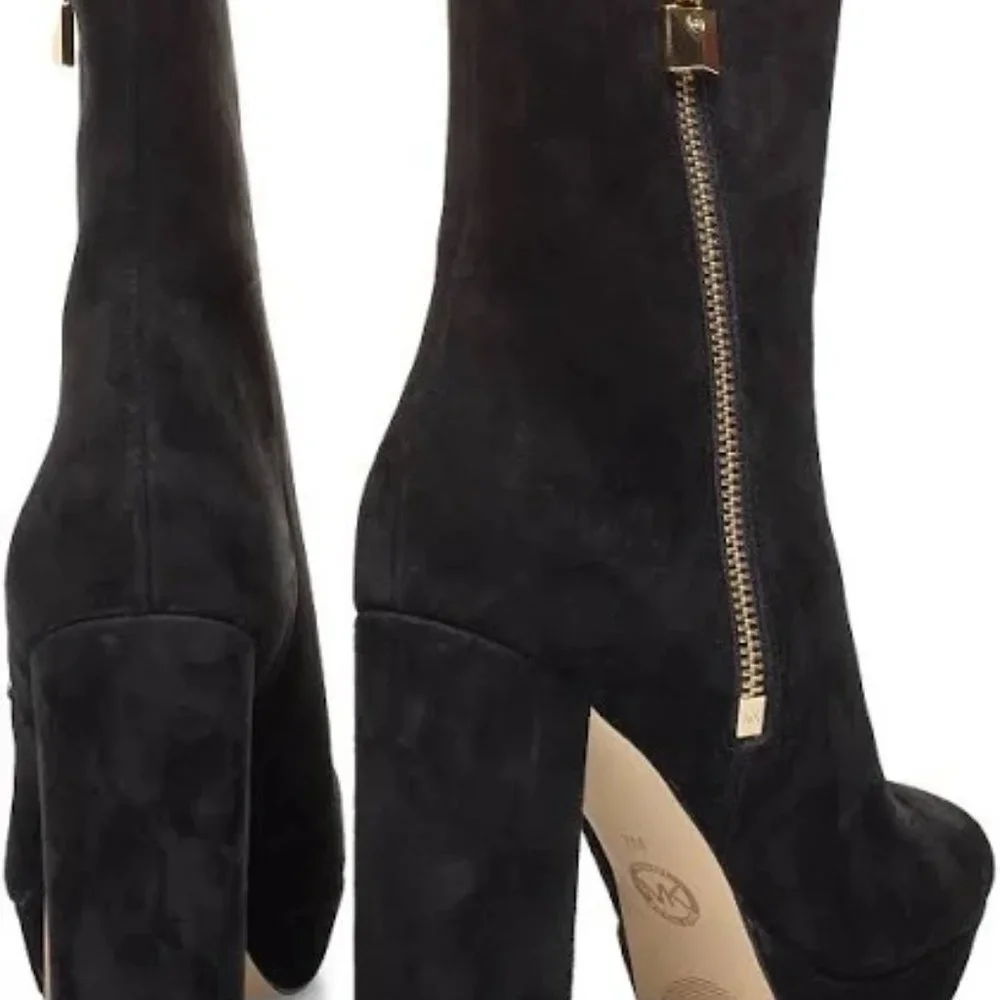 Michael Kors Black Suede Platform Ankle Boot with Gold Zip Accent